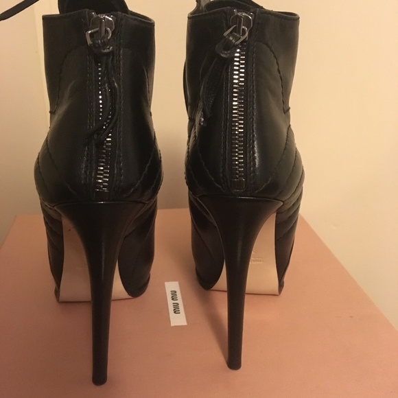 Miu Miu Black Leather Metallic Toe Ankle Platform Boots - Picture 4 of 6